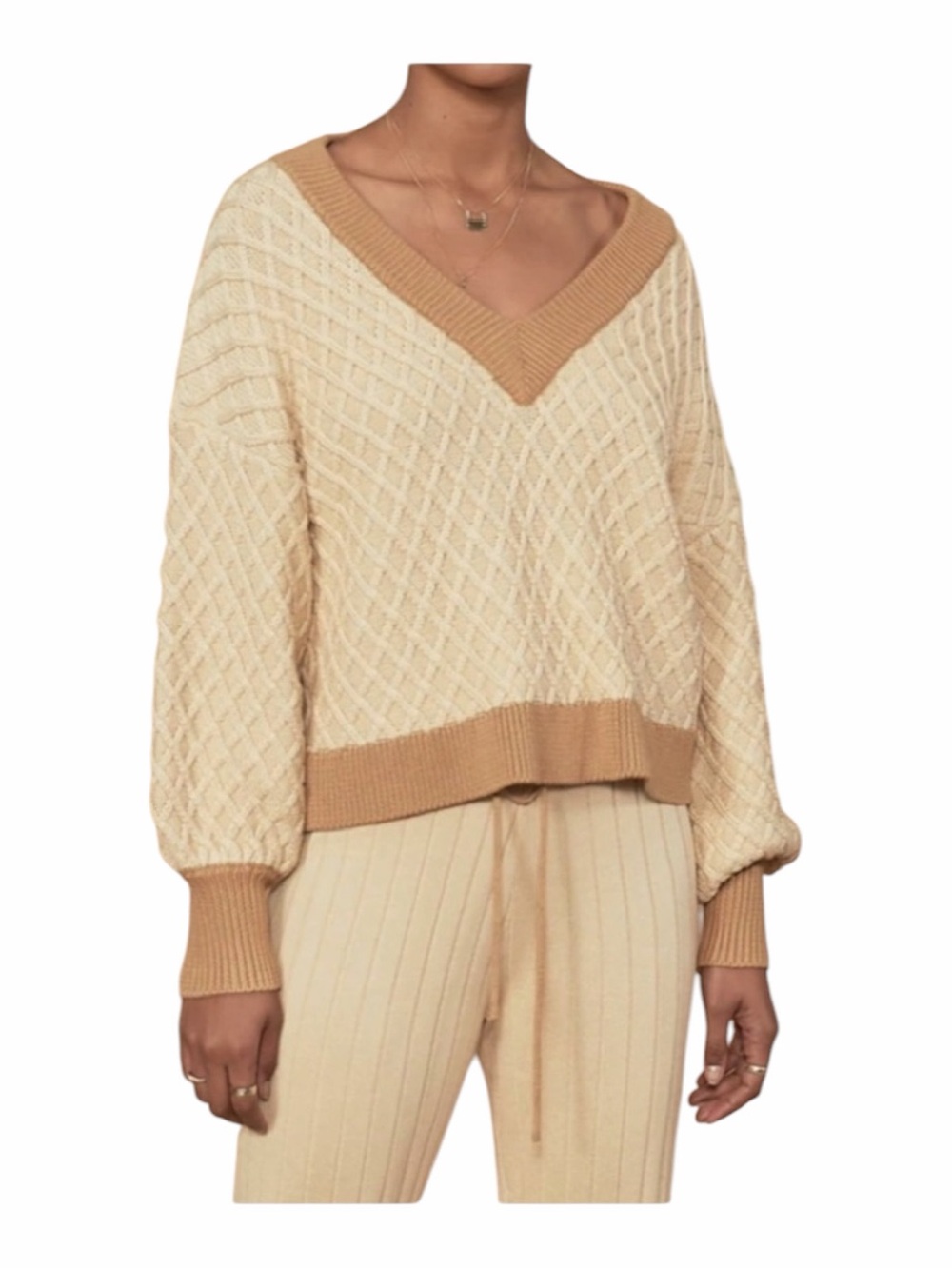Sancia Denali Oversized Cable Knit V Neck Sweater Cream Tan XS